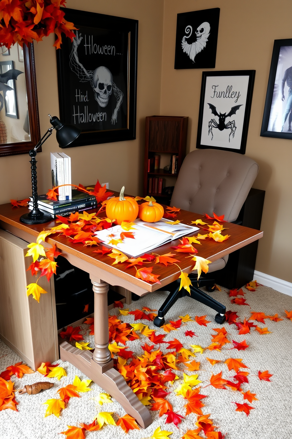 A cozy home office decorated for Halloween features a wooden desk adorned with scattered autumn leaves in vibrant shades of orange, yellow, and red. A small pumpkin sits next to a stack of books, while spooky-themed artwork hangs on the walls, adding a festive touch to the workspace.