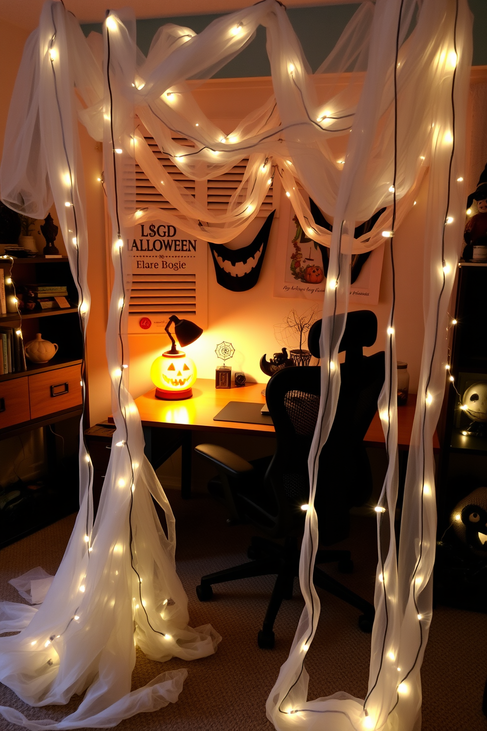 A cozy home office adorned with ghostly garlands draped around the furniture. The garlands feature translucent white fabric and subtle LED lights, creating an eerie yet inviting atmosphere. A sleek wooden desk sits in the center, complemented by a comfortable black ergonomic chair. On the desk, a pumpkin-shaped lamp casts a warm glow, while spooky decorations add a playful touch to the workspace.