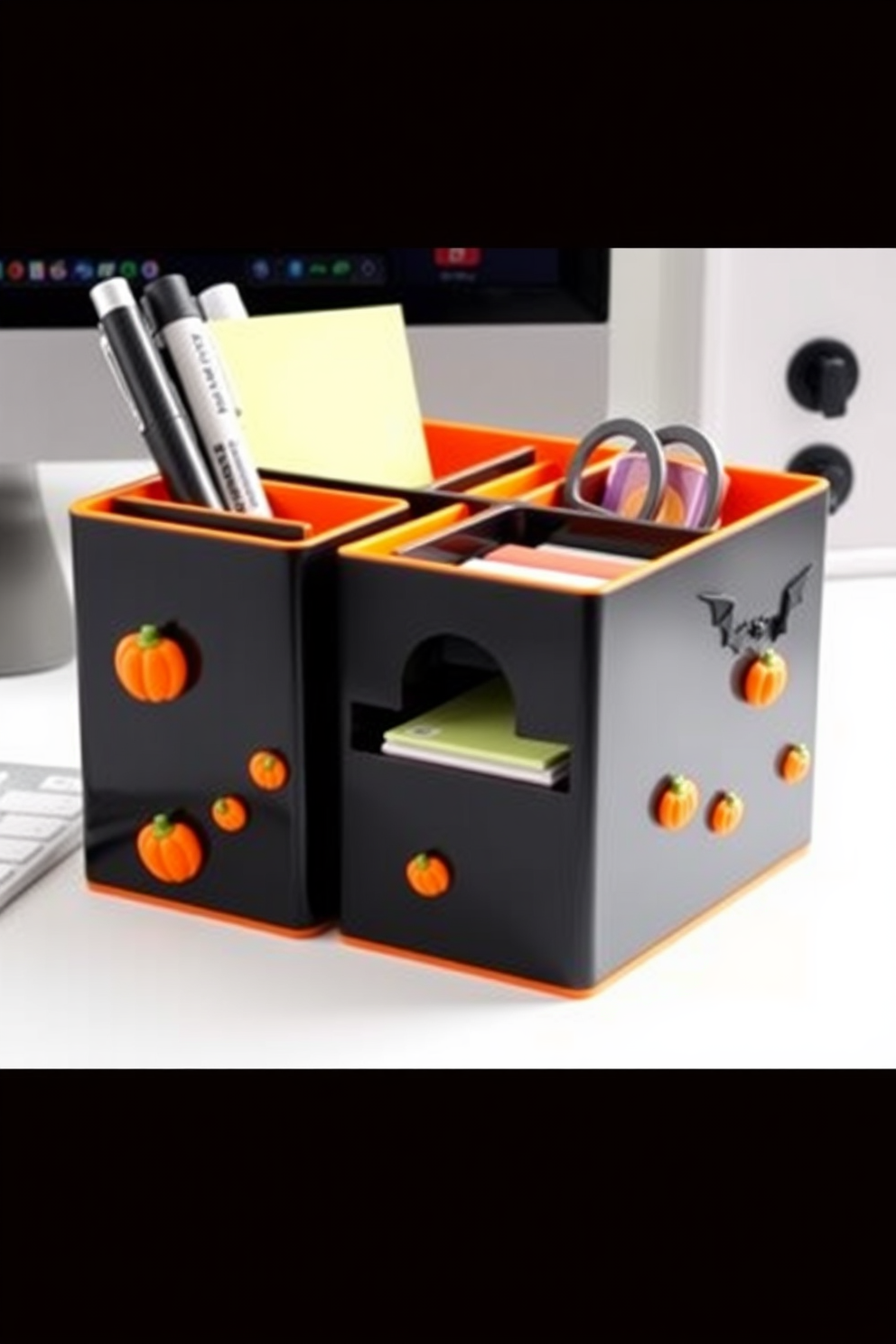 A stylish home office desk organizer designed for Halloween features a sleek black base with vibrant orange accents. The organizer includes compartments for pens, sticky notes, and other office supplies, adorned with playful Halloween motifs like tiny pumpkins and bats.