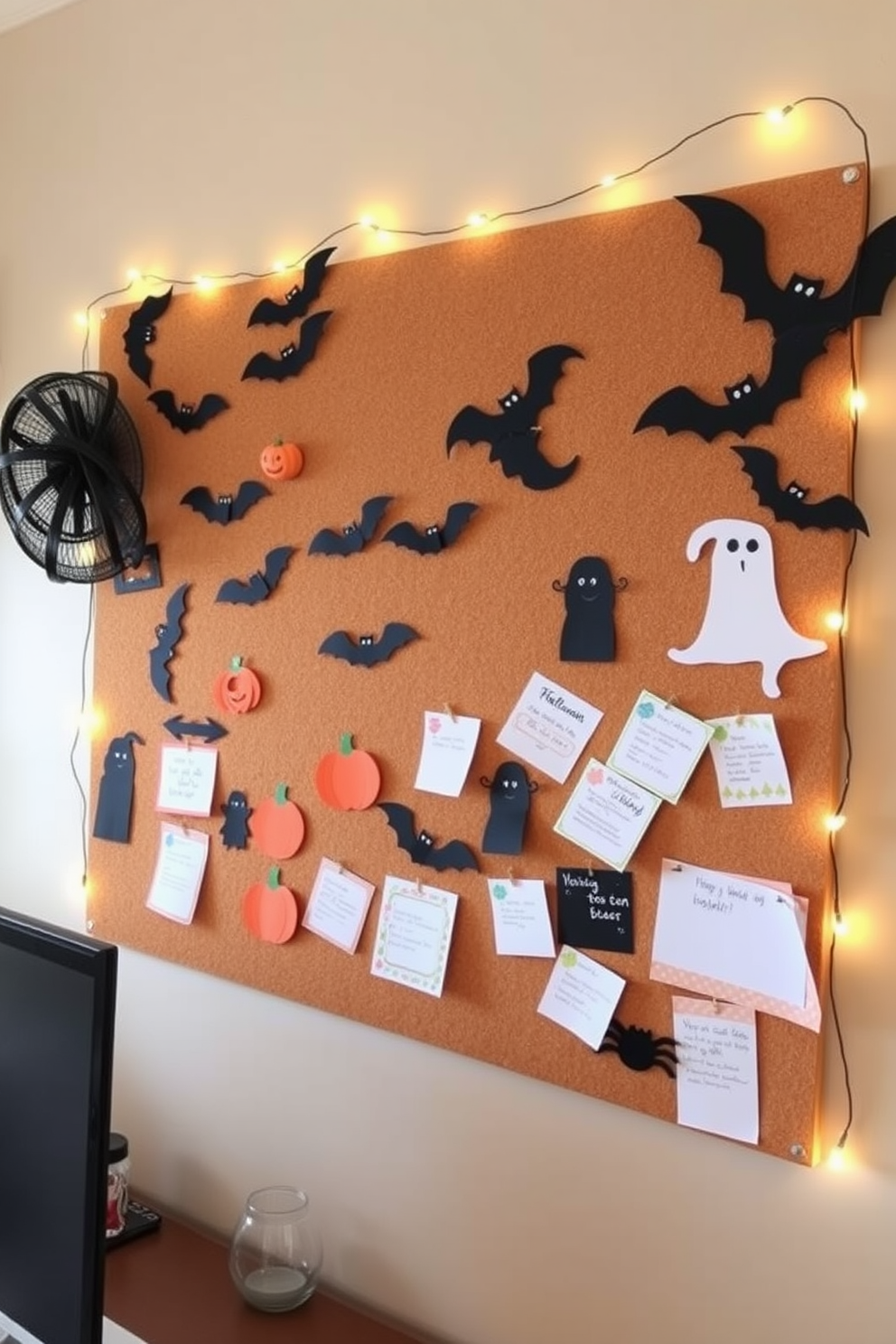 A creative DIY Halloween-themed corkboard display fills the wall of a cozy home office. The corkboard is adorned with black and orange decorations, including cut-out bats, pumpkins, and ghostly figures, creating a festive atmosphere. Incorporate string lights around the edges of the corkboard to add a warm glow. A collection of Halloween-themed notes and reminders are pinned in a playful arrangement, enhancing the seasonal spirit of the workspace.