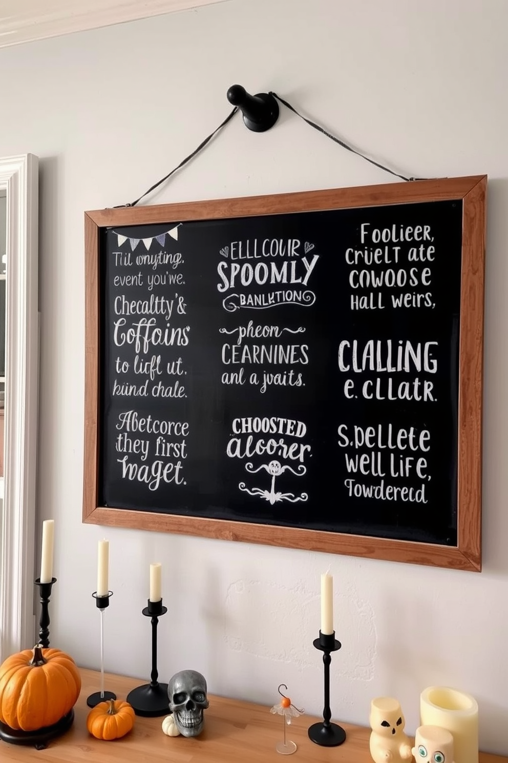 A chalkboard is mounted on the wall of a cozy home office, adorned with spooky quotes in playful, whimsical fonts. Surrounding the chalkboard, there are autumn-themed decorations, including mini pumpkins and eerie candles, creating a festive Halloween atmosphere.