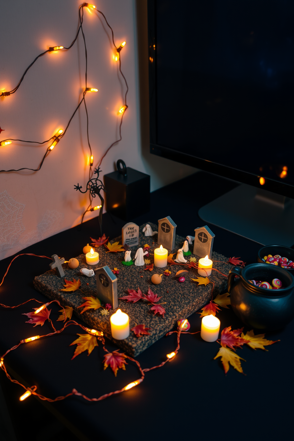 A miniature graveyard scene is set up on the desk, featuring tiny tombstones and ghostly figures. Surrounding the graveyard are flickering LED candles and autumn leaves, creating a spooky yet inviting atmosphere for Halloween. The desk is adorned with a black tablecloth to enhance the Halloween theme, while a small cauldron filled with candy sits nearby. A string of orange fairy lights weaves through the scene, adding a warm glow to the eerie decorations.