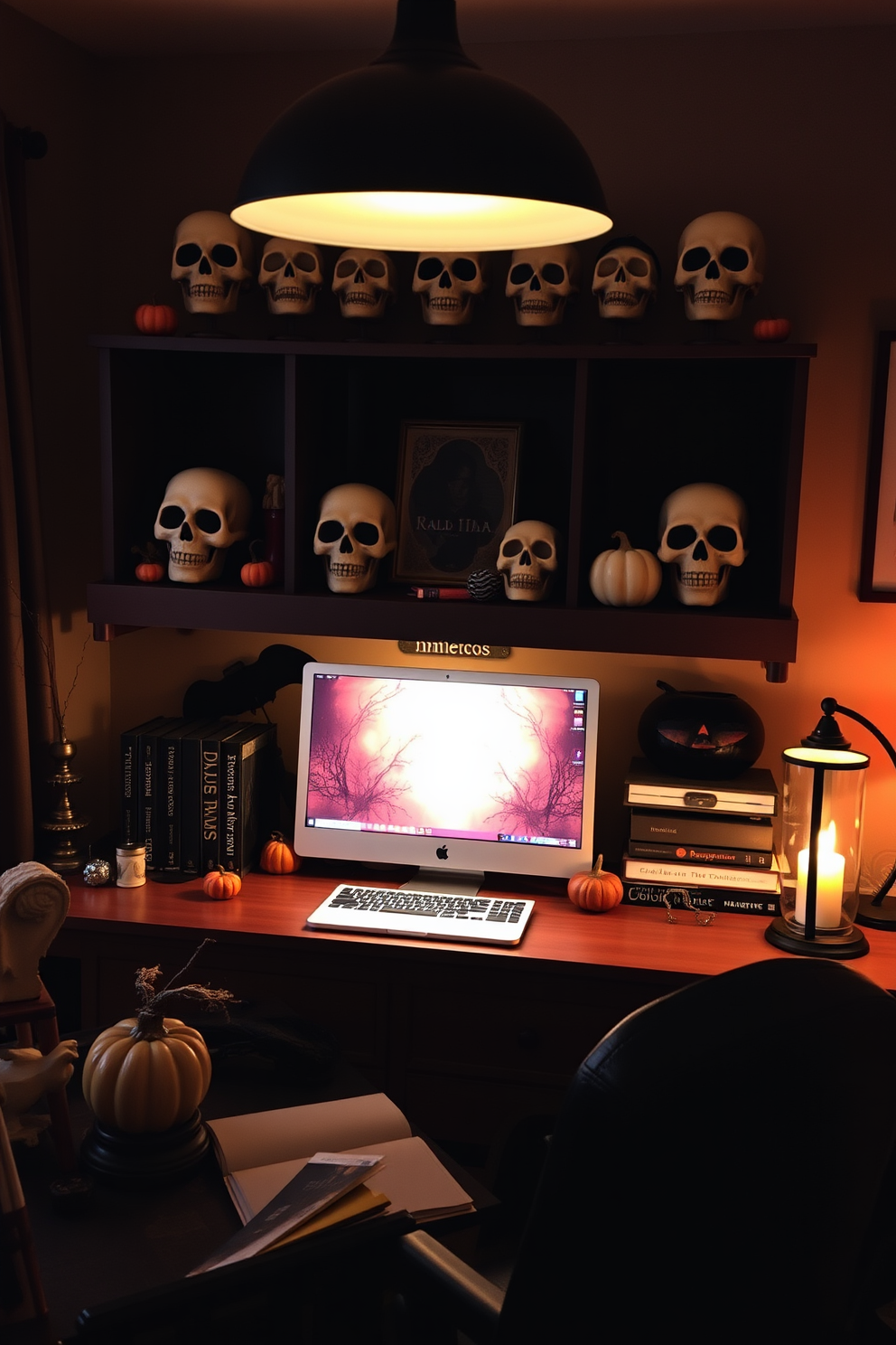 A cozy home office adorned for Halloween features decorative skulls artfully placed on the shelves and desk. The ambiance is enhanced by warm lighting and autumn-themed accents, creating a festive yet sophisticated workspace.