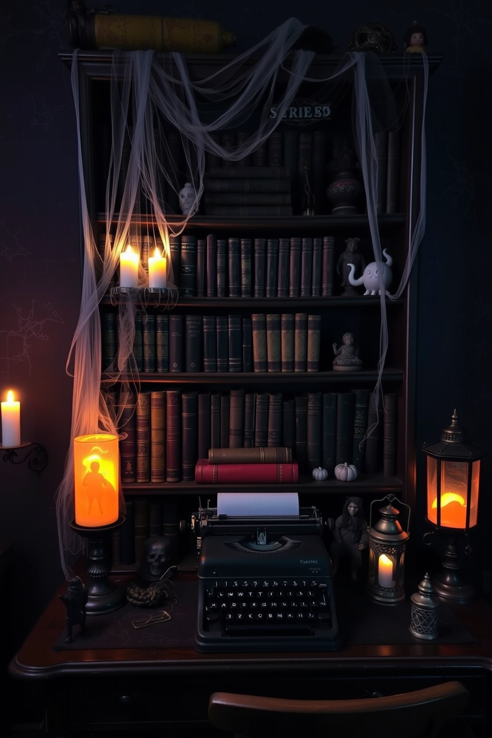 A haunted bookshelf filled with ancient tomes and eerie artifacts stands against a dimly lit wall. Ghostly accents like translucent candles and cobwebs drape over the shelves, creating an unsettling yet intriguing atmosphere. The desk features a vintage typewriter surrounded by flickering lanterns and shadowy figures. Dark, moody colors dominate the space, with hints of orange and purple to evoke the spirit of Halloween.