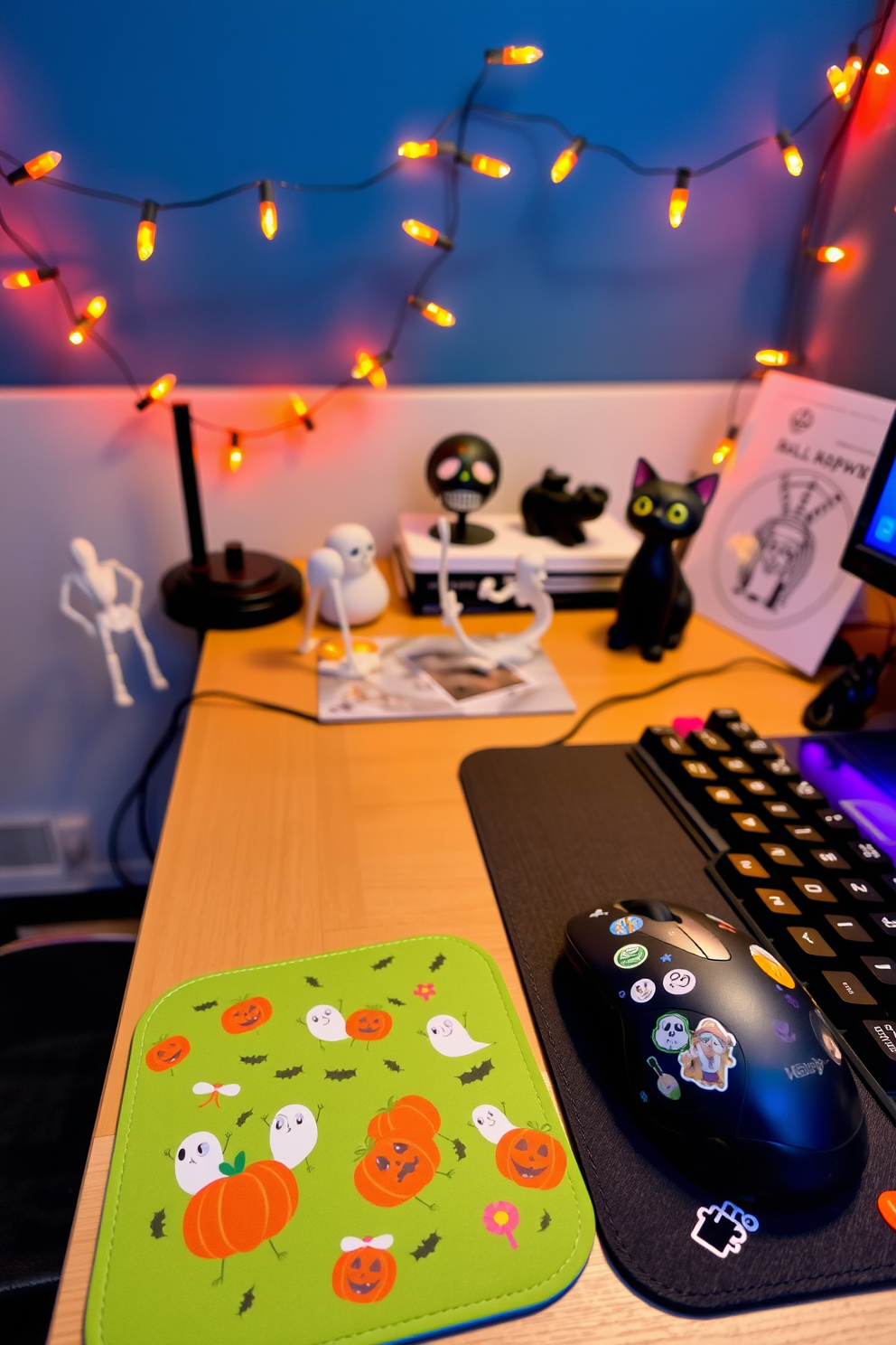 A whimsical Halloween-themed home office setup. The mouse pad features playful pumpkins and ghosts, while the keyboard is adorned with spooky stickers and vibrant colors. A cozy desk is decorated with miniature skeletons and a black cat figurine. A string of orange fairy lights hangs above, creating a festive atmosphere for productivity during the Halloween season.