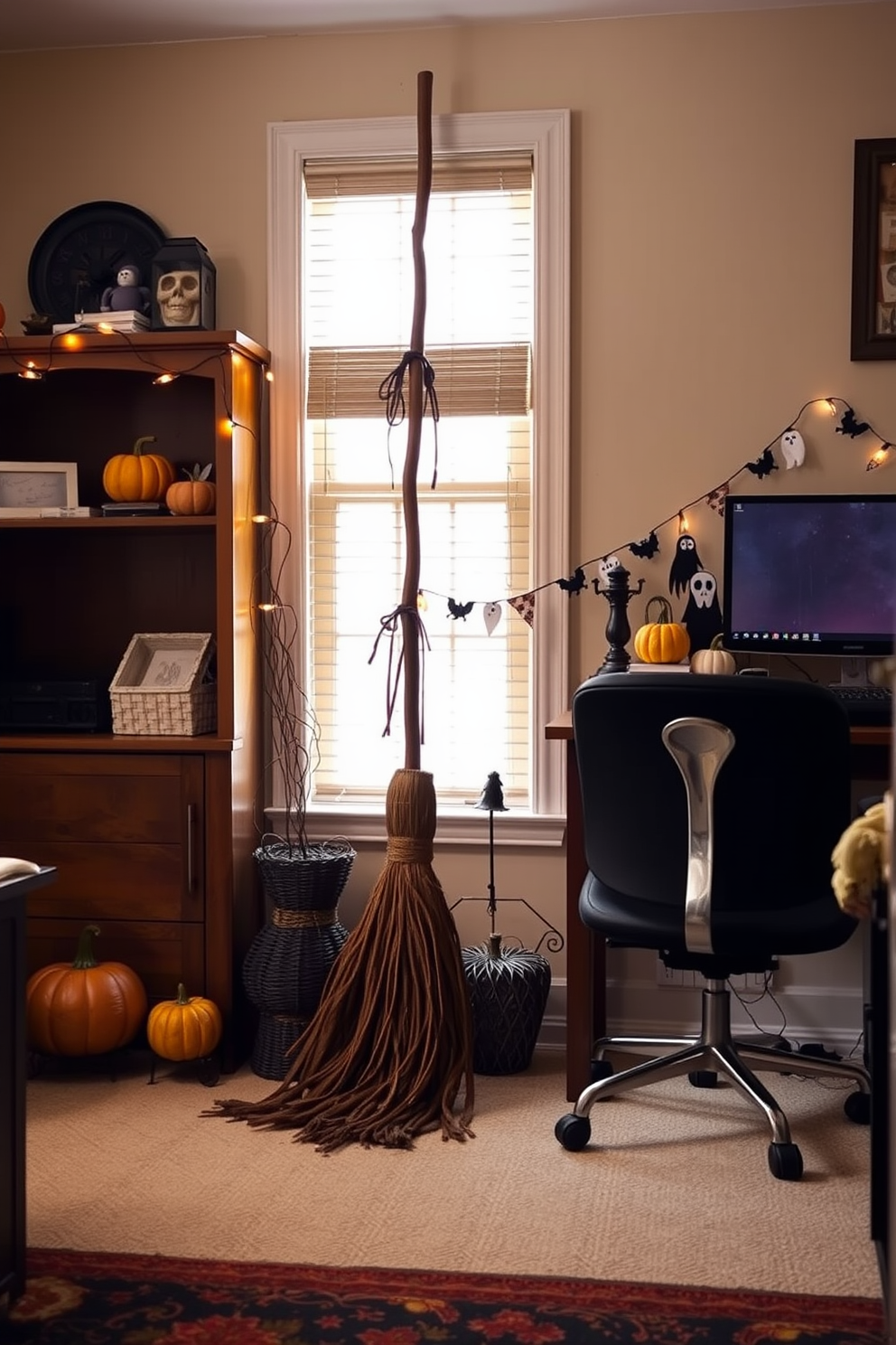 A cozy home office decorated for Halloween features a witch's broom leaning against the wall. The room is adorned with subtle spooky accents like miniature pumpkins and ghostly garlands, creating a festive yet inviting atmosphere.