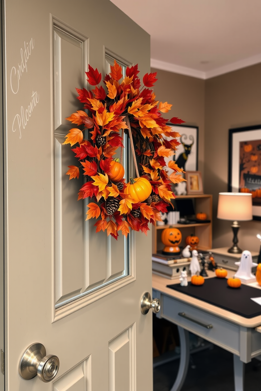 A vibrant fall wreath adorned with orange and red leaves is hung on a charming front door. The wreath features small pumpkins and pinecones, creating a warm and inviting autumnal welcome. Inside the home office, a cozy atmosphere is created with Halloween-themed decorations. A stylish desk is accented with miniature pumpkins and ghostly figurines, while festive artwork adds a playful touch to the walls.