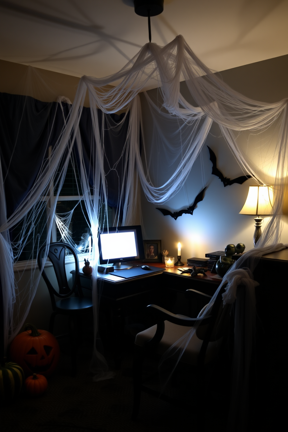 A cozy home office decorated for Halloween with faux cobwebs draping over the desk and chairs. Dim lighting casts eerie shadows, enhancing the spooky atmosphere with a few strategically placed pumpkins and candles.