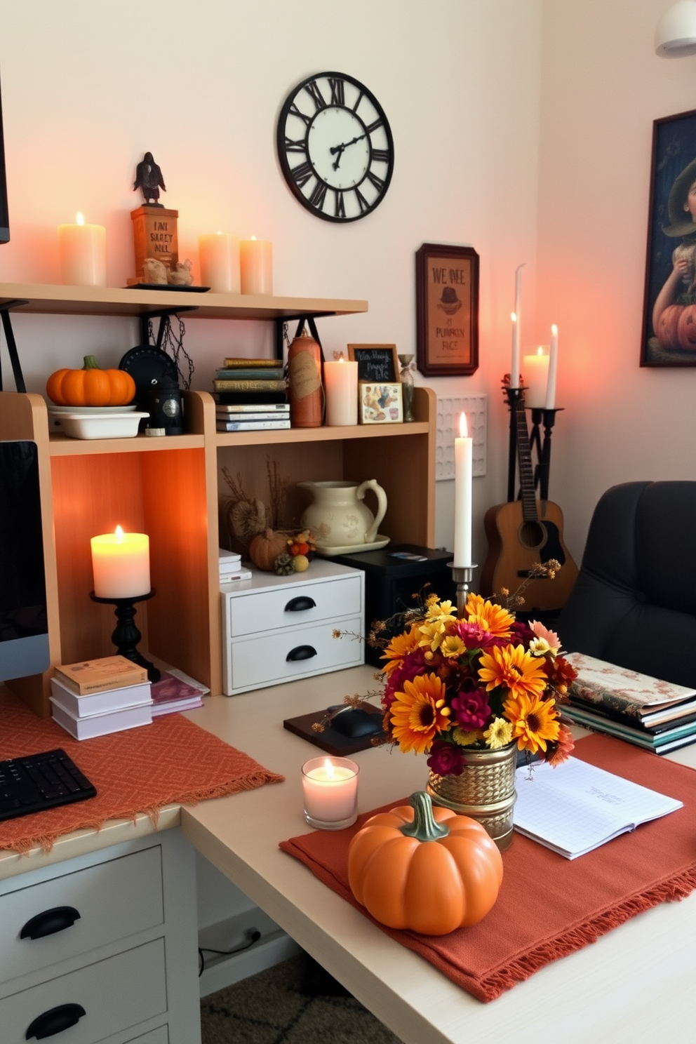 A cozy home office adorned with pumpkin spice scented candles creating a warm and inviting atmosphere. The desk is decorated with autumn-themed accessories and a small arrangement of seasonal flowers, enhancing the Halloween spirit.