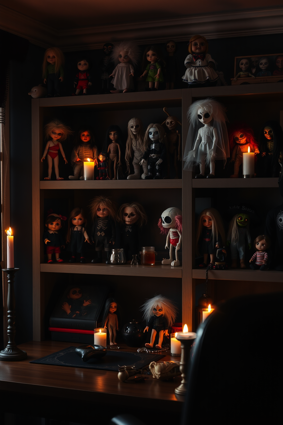 A spooky home office setting featuring shelves lined with various creepy dolls in different styles and sizes. The walls are adorned with dark, moody colors, and flickering candlelight casts eerie shadows across the room.