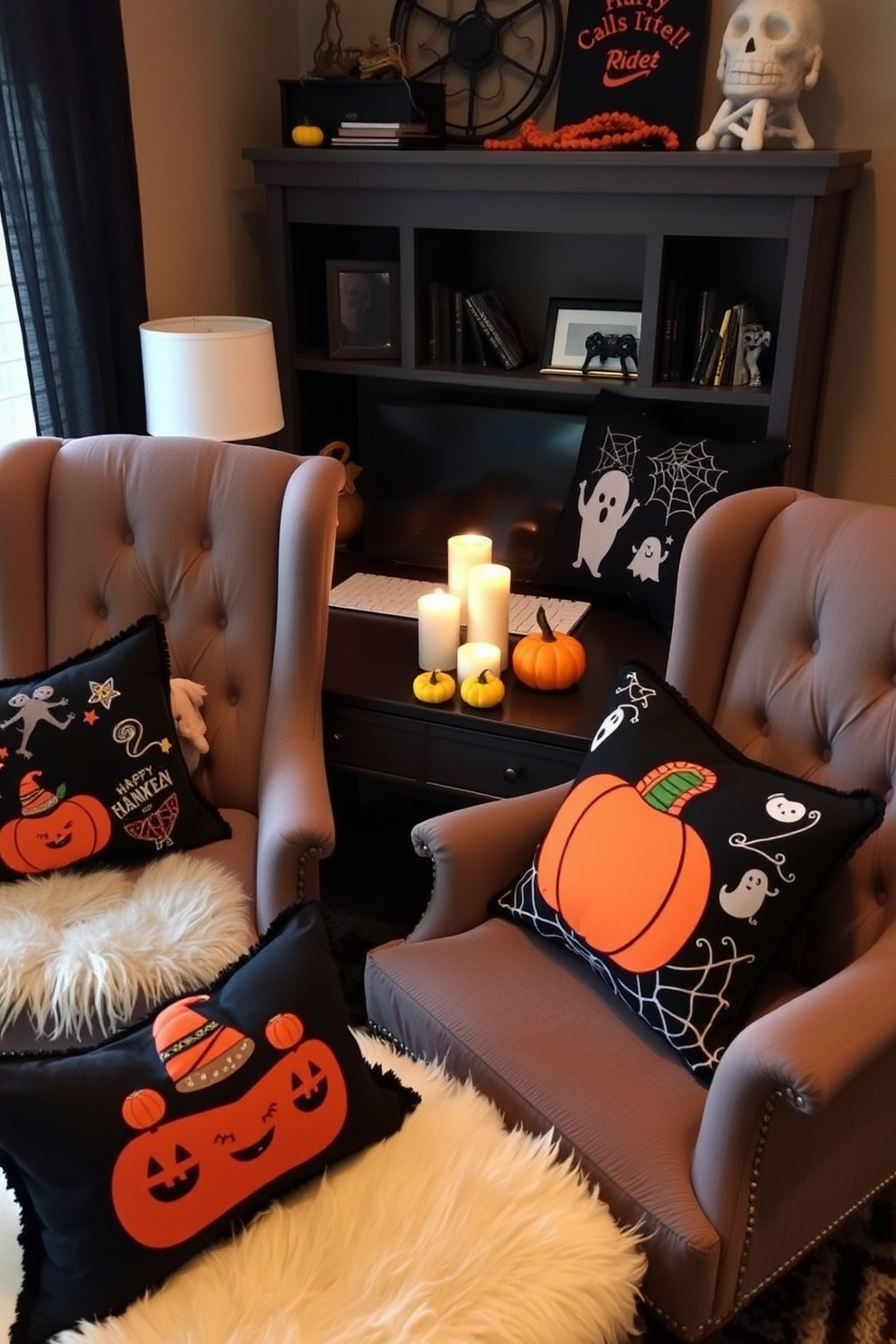 A cozy home office setting adorned with Halloween-themed throw pillows on plush chairs. The pillows feature playful designs such as pumpkins, ghosts, and cobwebs, adding a festive touch to the workspace. The desk is decorated with small decorative pumpkins and a spooky candle centerpiece. A black and orange color scheme enhances the Halloween spirit while maintaining a stylish and functional atmosphere.