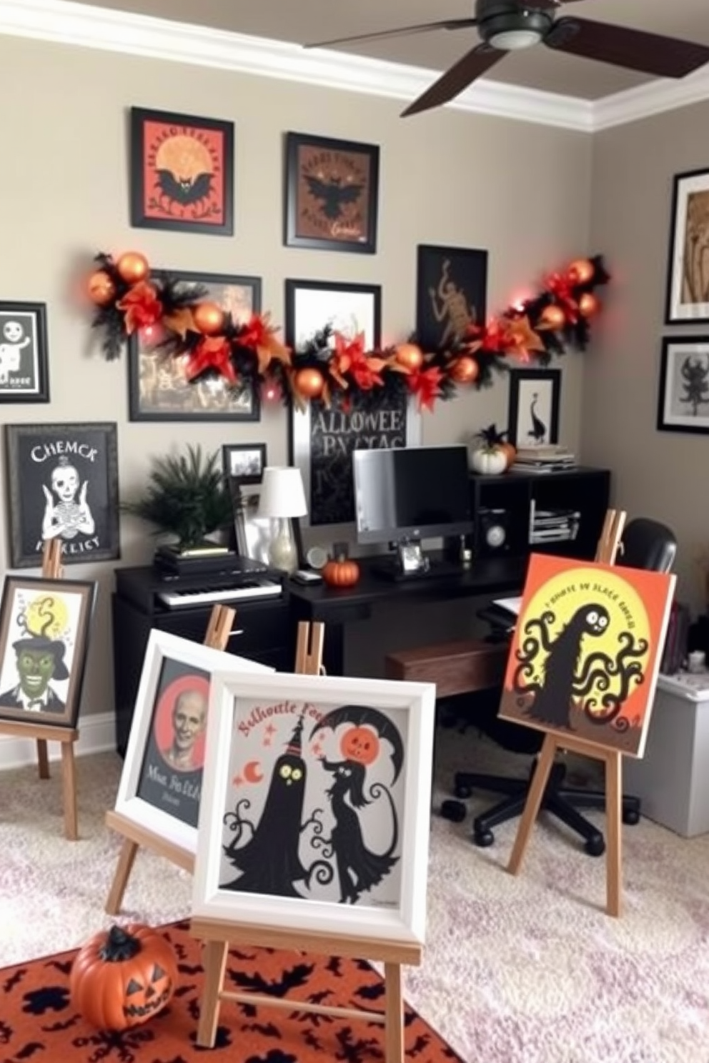 A cozy home office decorated for Halloween features seasonal artwork displayed on easels around the room. The walls are adorned with spooky-themed prints, and a festive garland hangs above the desk, creating an inviting atmosphere for creativity and productivity.