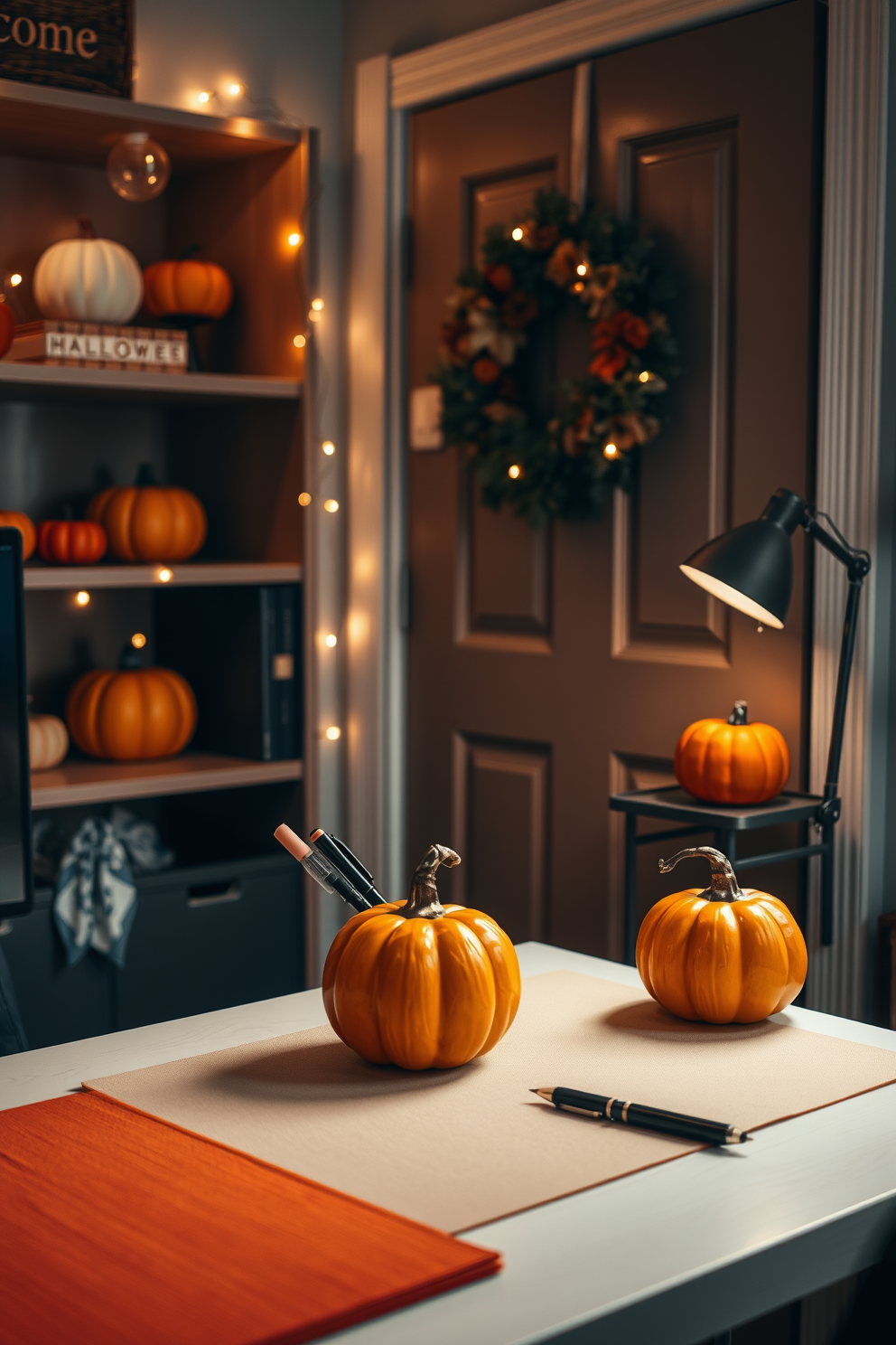 A cozy home office adorned with pumpkin-themed desk accessories creates a festive atmosphere. The desk features a cute pumpkin-shaped pen holder, complemented by a warm orange desk mat and a small carved pumpkin centerpiece. On the shelves, there are decorative pumpkins in various sizes and colors, adding a playful touch. Soft lighting from a string of fairy lights enhances the Halloween spirit, while a seasonal wreath hangs on the door, welcoming creativity.