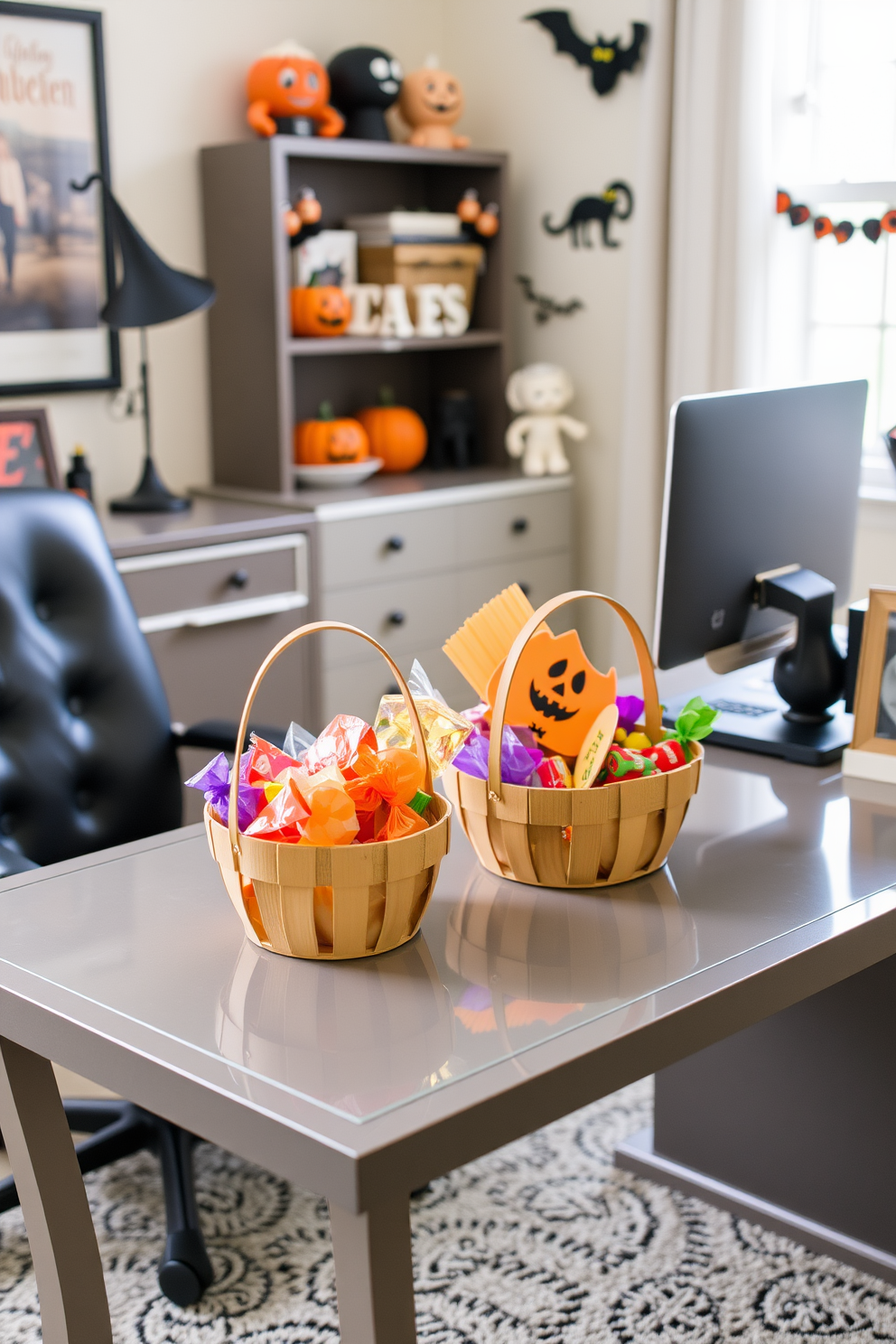 Charming trick-or-treat baskets are arranged on a stylish desk, each filled with colorful candies and festive decorations. The home office is adorned with whimsical Halloween-themed accents, creating a playful yet inviting atmosphere for the season.