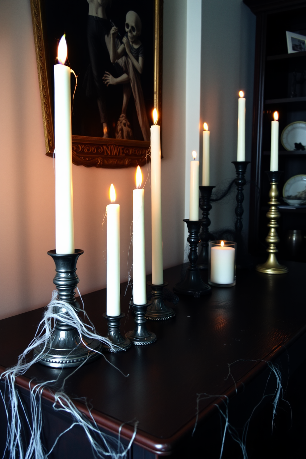 Create an eerie home office setting with a dark wooden desk that features an assortment of candle arrangements in various heights. The candles are lit, casting flickering shadows and creating a mysterious ambiance, while cobwebs drape subtly from the corners of the desk.