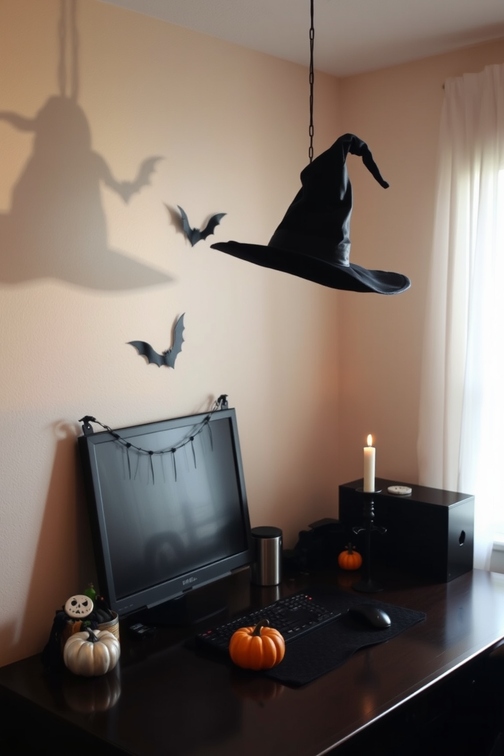 A whimsical home office setting for Halloween. A black witch hat dangles from the ceiling, casting playful shadows across the room. The desk is adorned with seasonal decorations, including miniature pumpkins and a spooky candle holder. Soft, ambient lighting creates a cozy yet eerie atmosphere, perfect for inspiring creativity during the Halloween season.