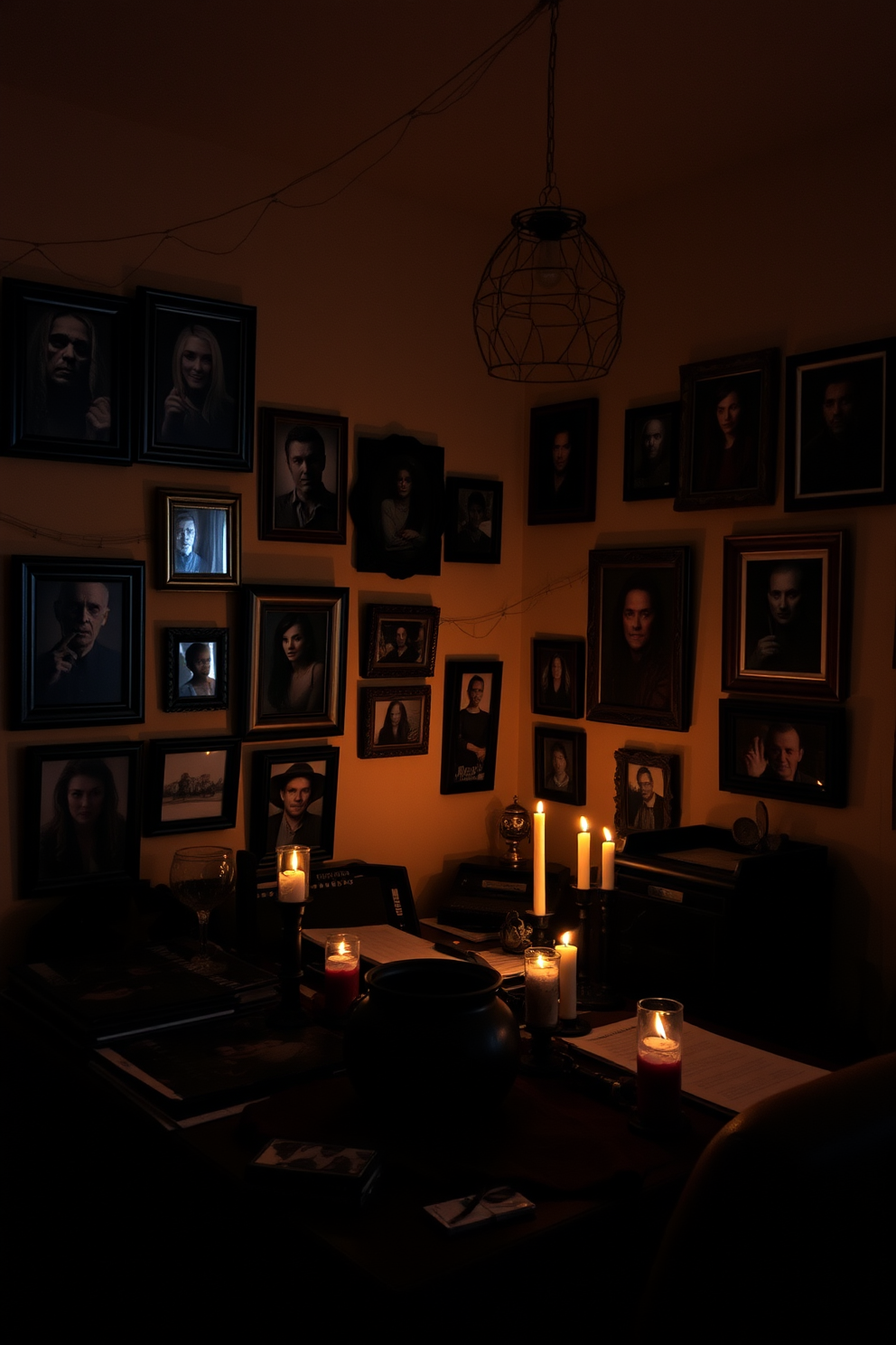 A dimly lit home office features an array of creepy photo frames hanging on the walls, each displaying unsettling images that evoke a sense of mystery. The desk is cluttered with Halloween-themed decorations, including a small cauldron and flickering candles, creating an eerie yet inviting atmosphere.