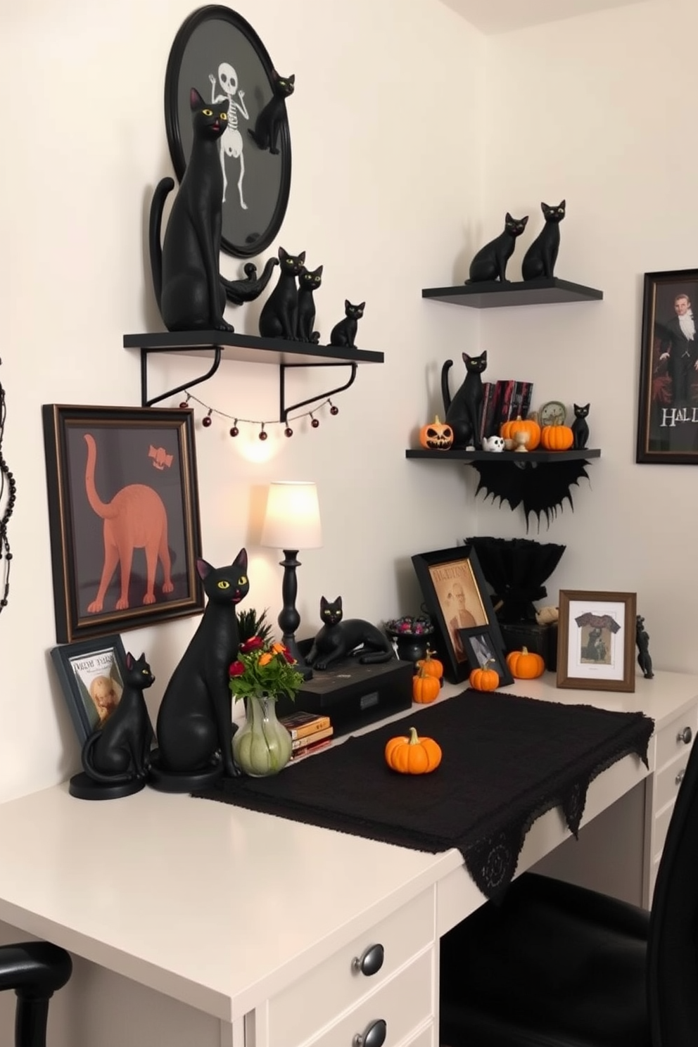 A cozy home office decorated for Halloween features shelves adorned with charming black cat figurines of various sizes. The desk is accented with seasonal decorations, including miniature pumpkins and spooky artwork, creating a festive yet inviting workspace.