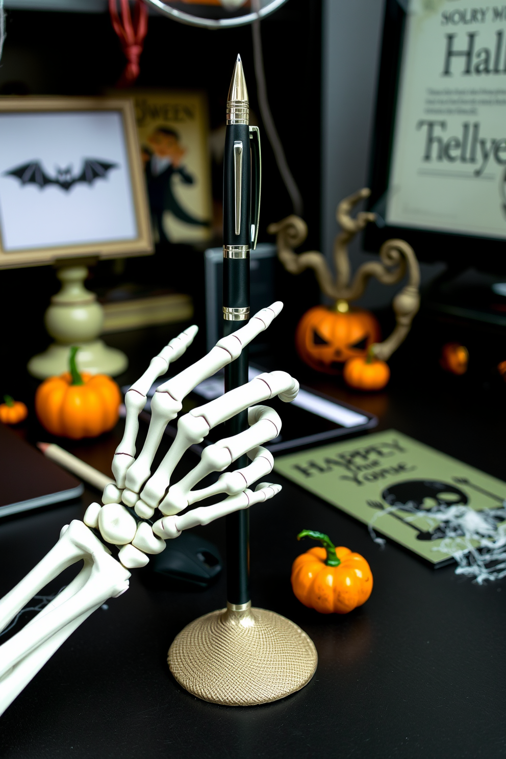 A whimsical Halloween-themed home office features a skeleton hand elegantly holding a stylish pen holder. The desk is adorned with spooky decorations, including miniature pumpkins and cobwebs, creating a festive yet functional workspace.