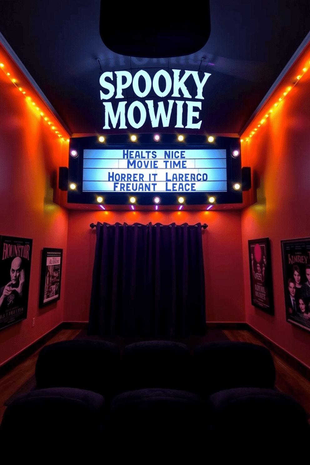 A spooky movie marquee sign hangs above a cozy home theater, illuminated with flickering orange and purple lights. The walls are adorned with vintage horror movie posters, and plush black velvet seating invites guests to settle in for a frightful film night.