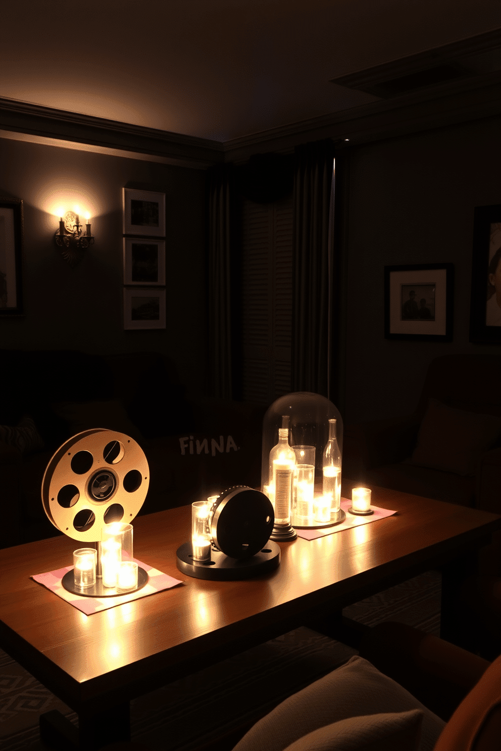 A cozy home theater setting featuring vintage film reels as unique table centerpieces. The room is dimly lit with soft ambient lighting, creating an inviting atmosphere for movie nights.