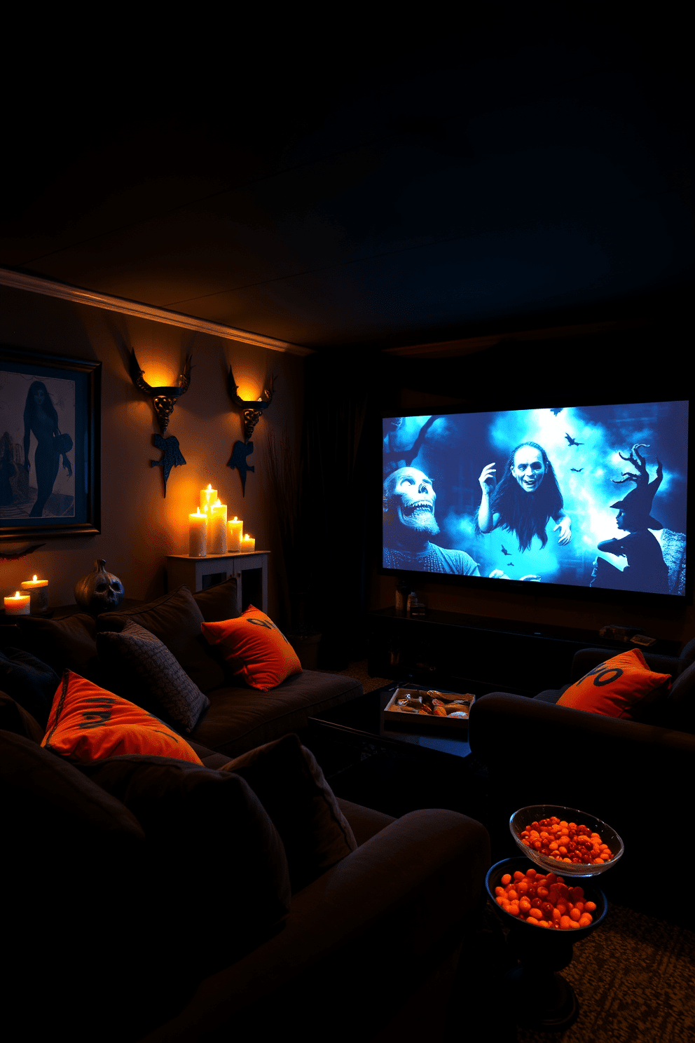 A cozy home theater space is transformed for Halloween with dim lighting and eerie decorations. Flickering candles cast shadows on the walls adorned with spooky artwork and ghostly silhouettes. Plush seating is covered in dark, rich fabrics, complemented by orange and black throw pillows. A large screen displays classic horror films, while a bowl of candy sits on a nearby table, inviting guests to indulge.