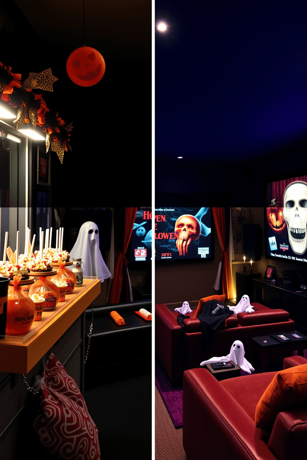 A themed concession stand featuring an array of Halloween treats. The stand is adorned with orange and black decorations, showcasing candy apples, spooky cupcakes, and popcorn in festive bags. A cozy home theater decorated for Halloween. The room is illuminated with dim, flickering lights and adorned with ghostly decor, featuring plush seating and a large screen displaying classic horror films.