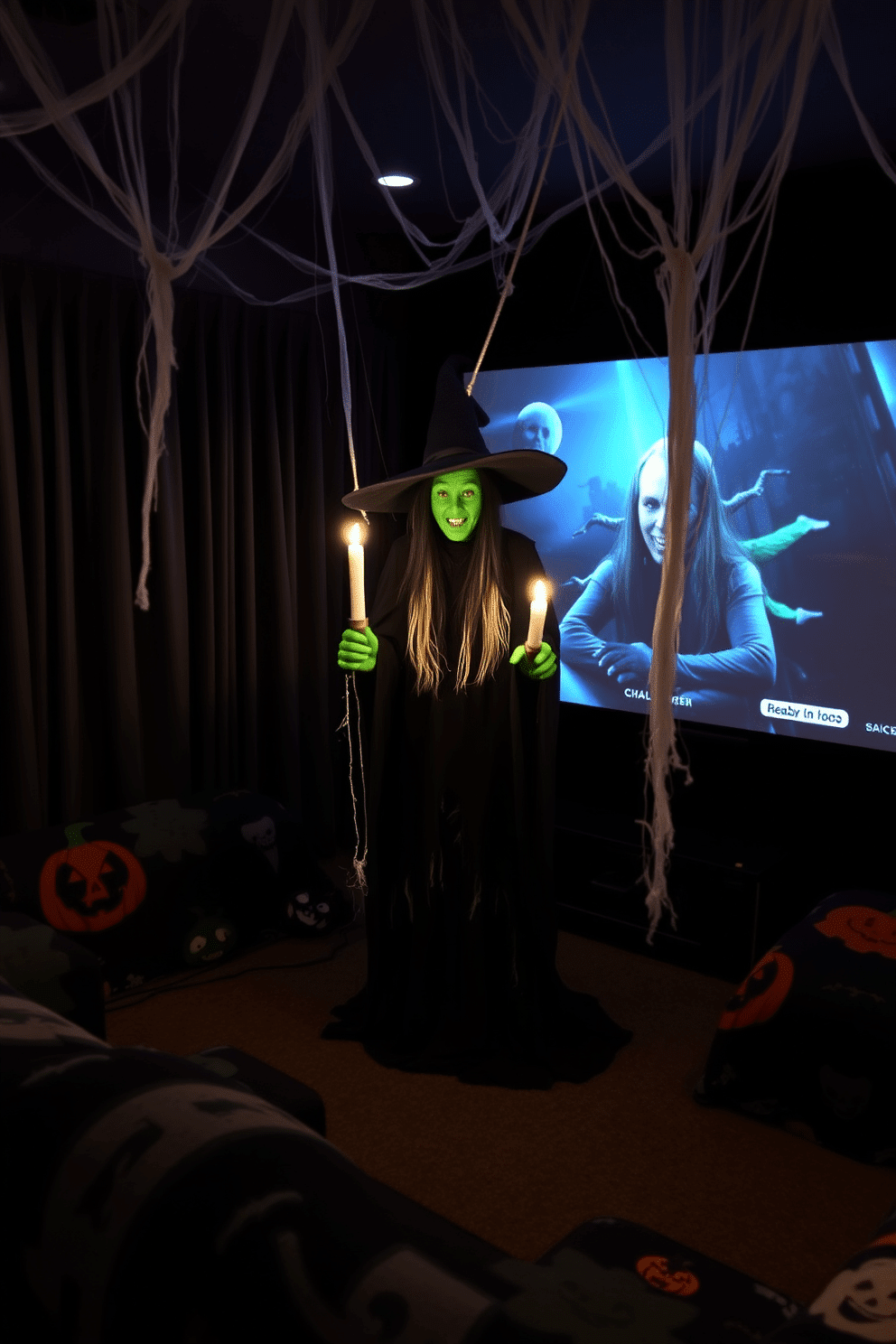 A life-sized witch figure stands ominously in the corner of a Halloween-themed home theater. The figure is dressed in a flowing black gown with tattered edges, and her green face is illuminated by flickering candlelight. Surrounding the witch are cobwebs draped from the ceiling, adding an eerie atmosphere to the space. The room is adorned with dark drapes, a large screen displaying a spooky movie, and plush seating covered in Halloween-themed throw blankets.