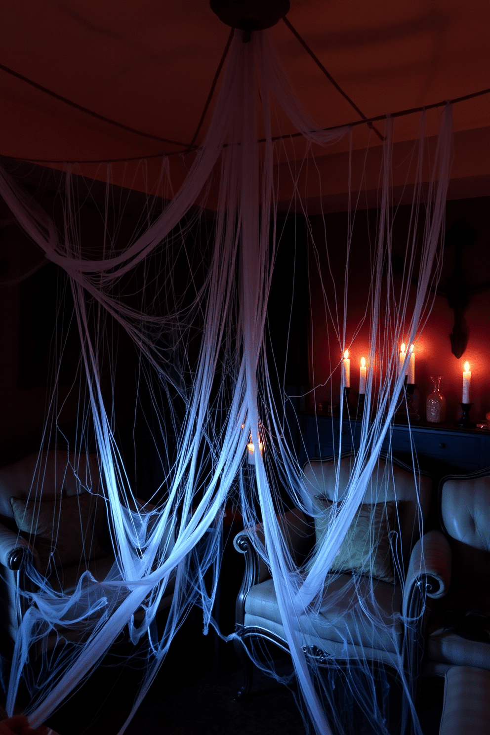 Creepy spider webs drape ominously around vintage furniture creating an eerie atmosphere. Flickering candlelight casts shadows on the walls enhancing the spooky ambiance of the Halloween home theater.