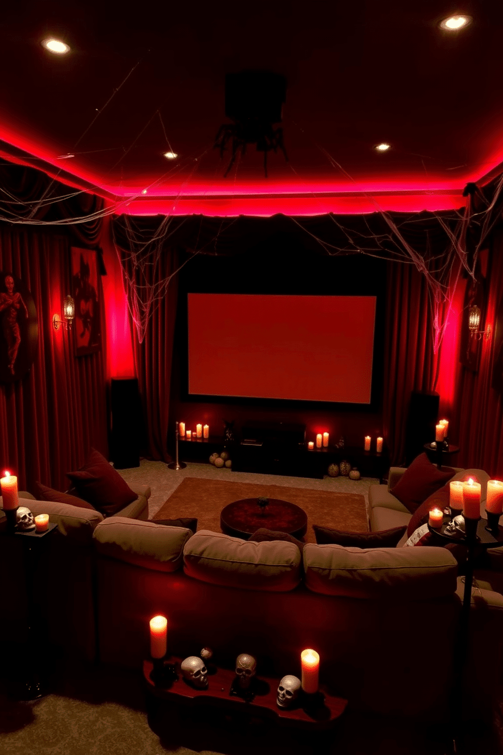 A cozy home theater with dim red lighting creates a haunting ambiance perfect for Halloween. The walls are adorned with dark velvet drapes, and eerie artwork is displayed to enhance the spooky atmosphere. In the center, a plush sectional sofa is surrounded by flickering candles and strategically placed skull decor. A large screen is framed by cobwebs and fake spiders, completing the chilling design.