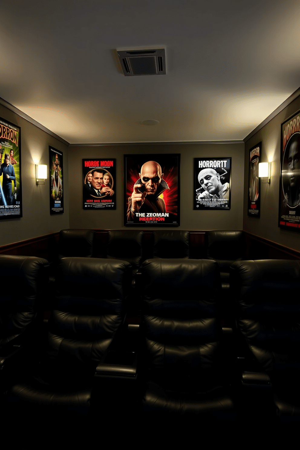 A cozy home theater featuring classic horror movie posters adorning the walls. The seating area includes plush black recliners arranged for optimal viewing, with dimmable sconces providing ambient lighting.