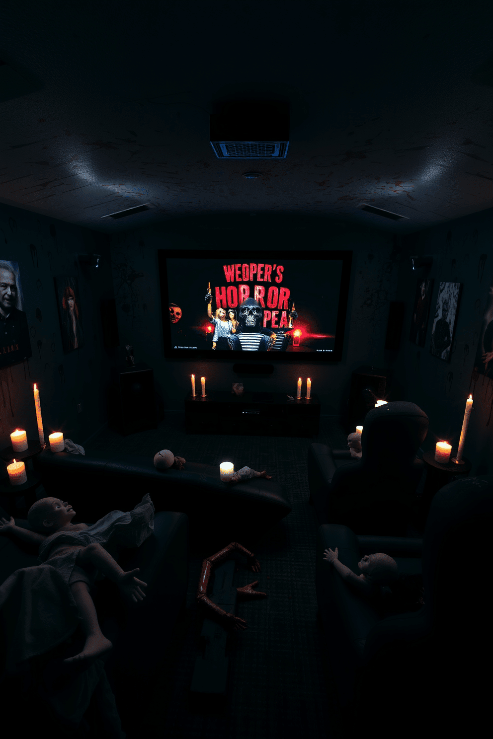 A spooky home theater setting filled with gory props. Fake blood splatters adorn the walls, while severed limbs and creepy dolls are scattered across the seating area. Dim lighting creates an eerie atmosphere, complemented by flickering candles placed strategically around the room. A large screen displays classic horror films, enhancing the chilling ambiance of the space.