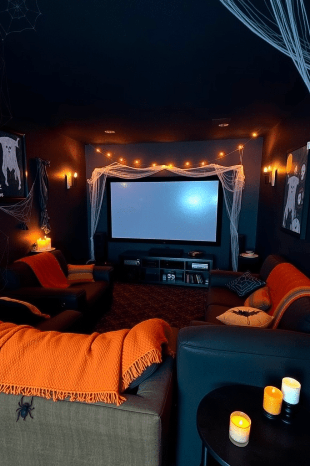 A cozy home theater designed for Halloween ambiance. The room features dark walls adorned with spooky artwork and dim lighting to create a mysterious atmosphere. Plush seating is arranged in a semi-circle facing a large screen, with decorative throw blankets in autumn colors. Cobwebs and faux spiders are draped around the corners, adding a playful yet eerie touch. A chilling music playlist fills the room, enhancing the experience with haunting melodies. Candles flicker softly on side tables, providing a warm glow that contrasts with the Halloween decor.