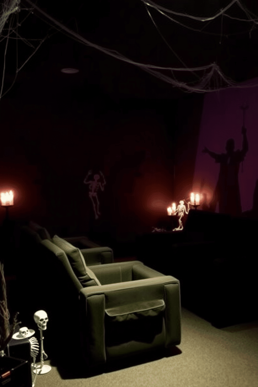 Creepy shadow puppets dance across the walls of a dimly lit home theater, creating an eerie atmosphere perfect for Halloween. Flickering candlelight casts unsettling shapes, while a backdrop of dark, rich colors enhances the spooky vibe. The seating area features plush, dark-colored chairs arranged for an immersive viewing experience. Cobwebs adorn the corners, and strategically placed props like skeletons and ghostly figures add to the chilling decor.