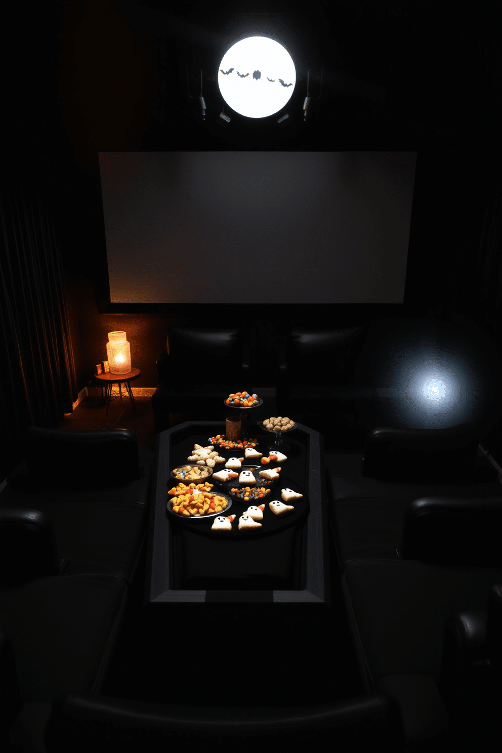 A coffin-shaped snack table is set up in a dimly lit home theater, surrounded by plush black seating and eerie Halloween decorations. The table is adorned with a variety of spooky snacks, including ghost-shaped cookies and candy corn, creating a festive yet chilling atmosphere.