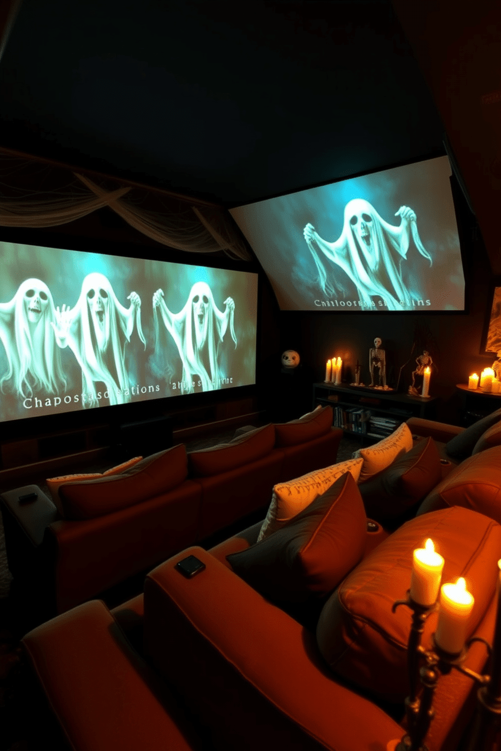 A Halloween-themed home theater is transformed with ghostly figures projected onto large screens, creating an eerie atmosphere. Dim lighting enhances the spooky vibe, while plush seating is arranged for optimal viewing of the haunting visuals. Decorative elements include cobwebs draped across the corners and flickering candlelight to add to the chilling ambiance. The walls are painted in dark shades, and themed accessories like skeleton figurines and spooky artwork complete the Halloween decor.