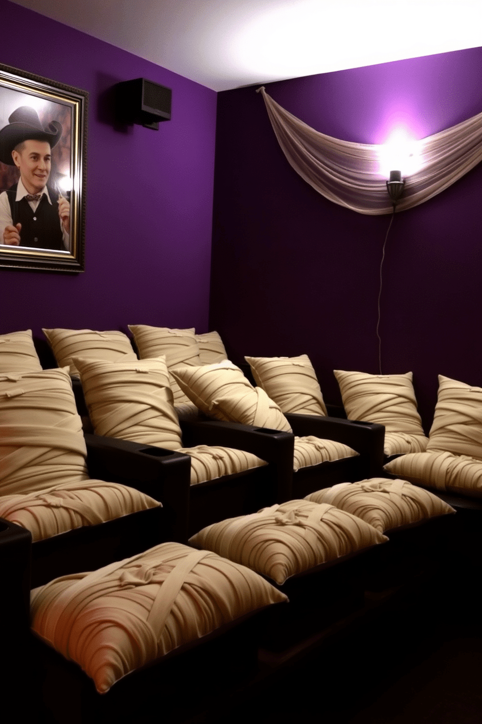 A cozy home theater setting adorned with mummy-wrapped cushions for seating. The walls are painted in deep purple, and dim lighting enhances the spooky atmosphere.