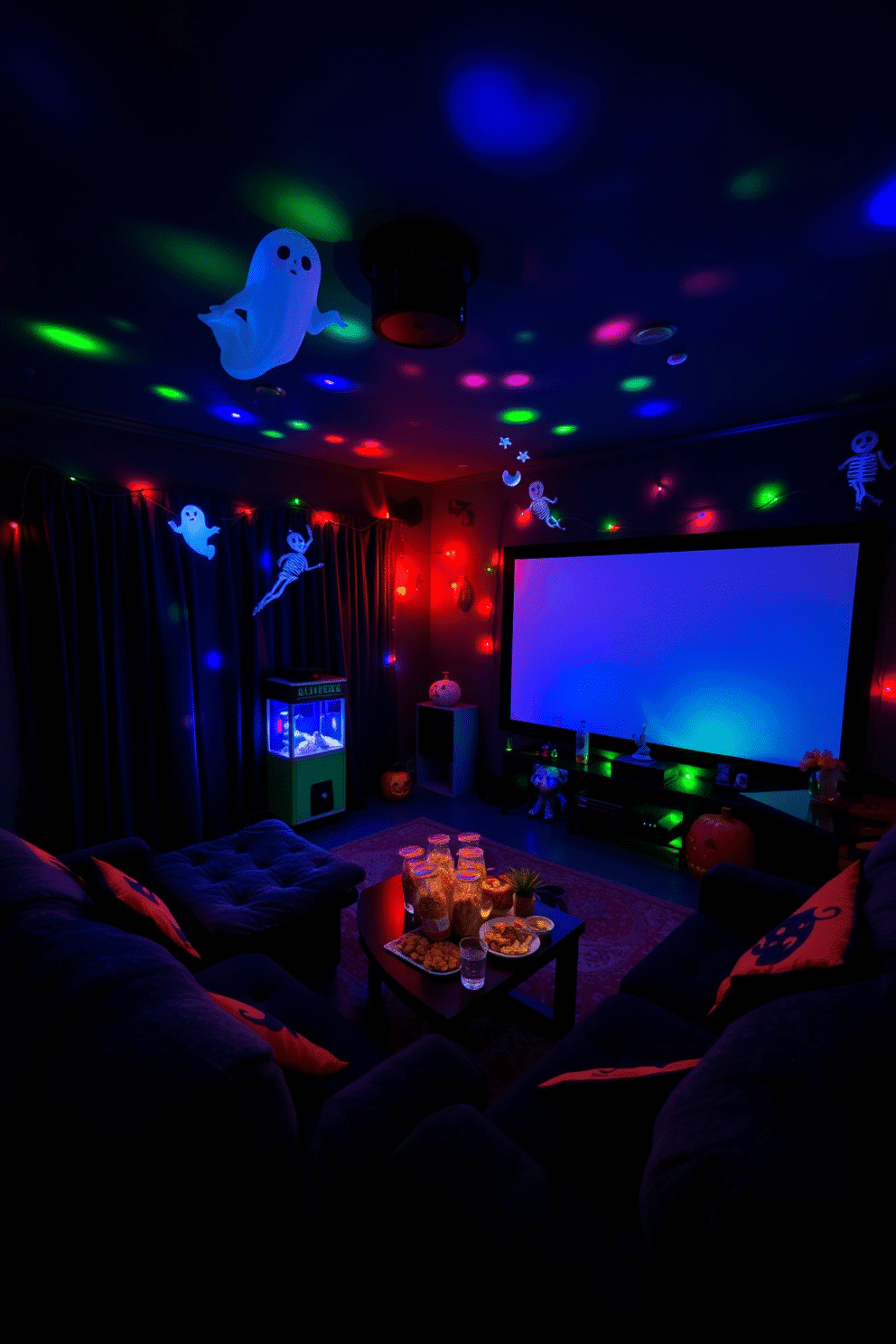 Create an enchanting Halloween-themed home theater setting. The room is dimly lit with colorful LED lights casting eerie shadows, and animated props like floating ghosts and dancing skeletons are strategically placed throughout the space. Cozy seating is arranged in a semi-circle around a large screen, with plush blankets and themed cushions featuring spooky designs. A popcorn machine sits in the corner, and a table is adorned with Halloween snacks and drinks to enhance the festive atmosphere.