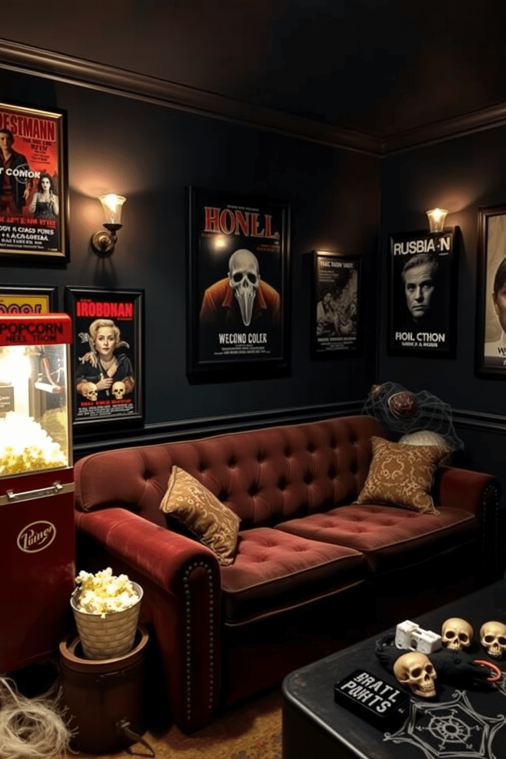 Create a cozy home theater space inspired by vintage horror films. The walls are adorned with classic movie posters in dark frames, and a plush velvet sofa is positioned for optimal viewing. Dim lighting sets the mood, with antique-style sconces casting a warm glow. A popcorn machine sits in the corner, and decorative skulls and cobwebs add a festive Halloween touch.