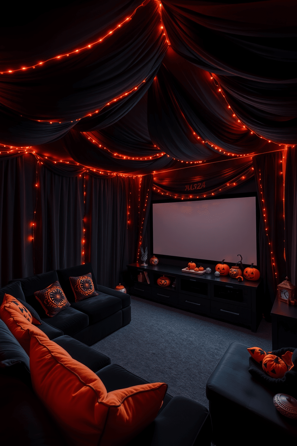 A cozy home theater decorated for Halloween features a black velvet sectional sofa adorned with orange and black throw pillows. The walls are painted matte black, and eerie orange LED lights cast a warm glow around the room, enhancing the spooky atmosphere. The ceiling is draped with black fabric, creating a cave-like effect, while orange string lights outline the edges. A large screen sits at the front, flanked by black curtains with orange accents, and a collection of Halloween-themed decor is arranged on a dark wooden media console.