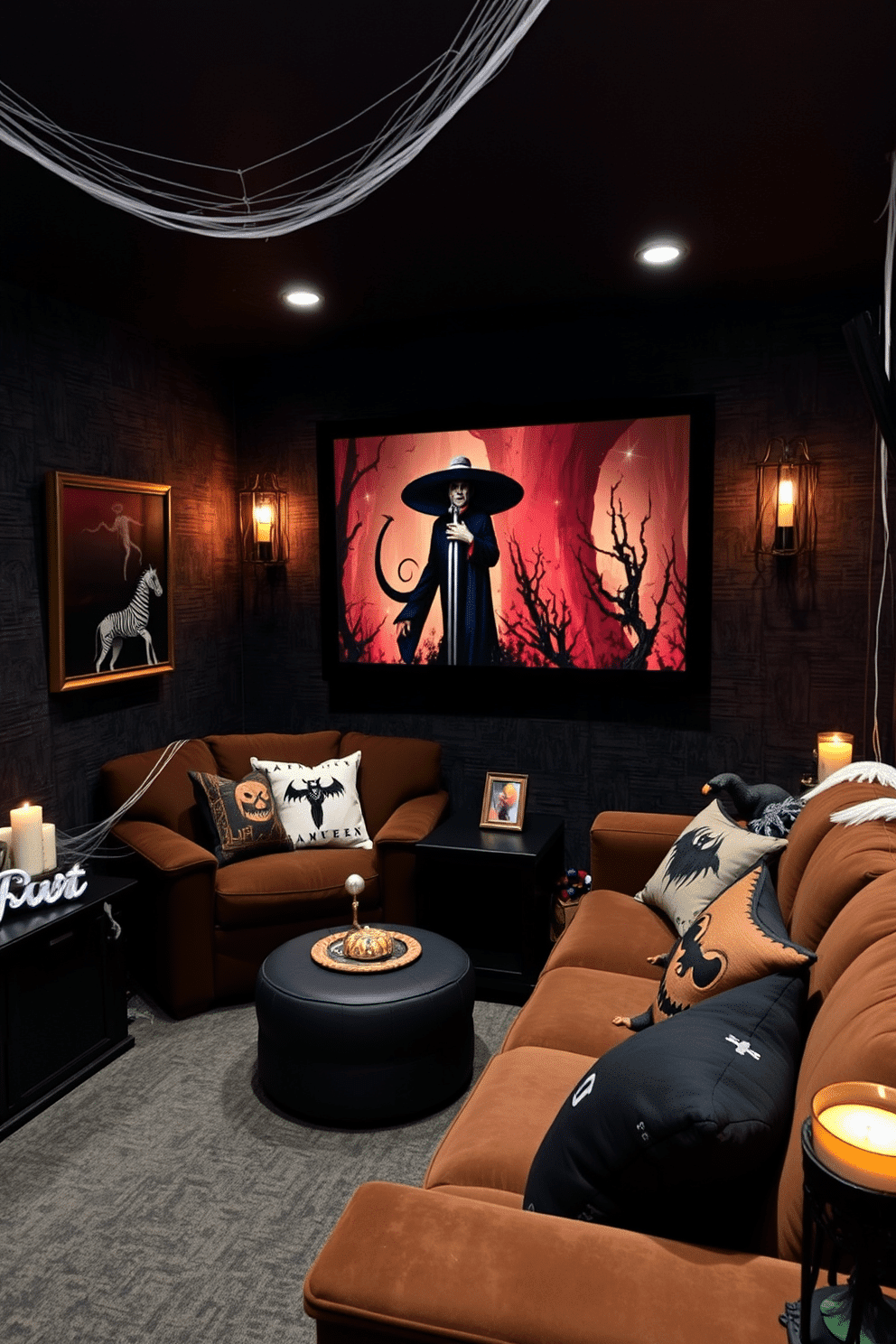 A cozy home theater designed for Halloween. The walls are adorned with dark, textured wallpaper and eerie artwork, while plush seating is arranged for optimal viewing. Hidden speakers emit chilling sound effects that enhance the spooky atmosphere. Decorative elements like cobwebs, flickering candles, and themed cushions create an immersive Halloween experience.