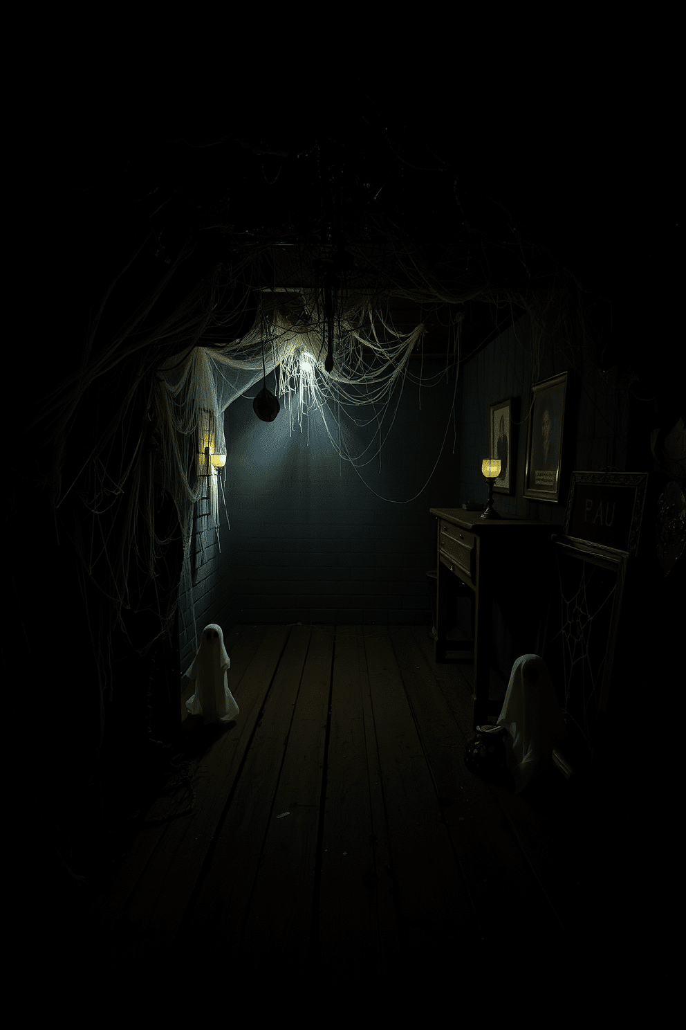 A dimly lit crawl space filled with cobwebs and eerie shadows. Flickering lights create unsettling patterns on the walls, enhancing the suspenseful atmosphere. The floor is covered in old, creaky wooden planks that add to the haunting ambiance. Ghostly figures and spooky decorations are strategically placed to surprise unsuspecting guests.