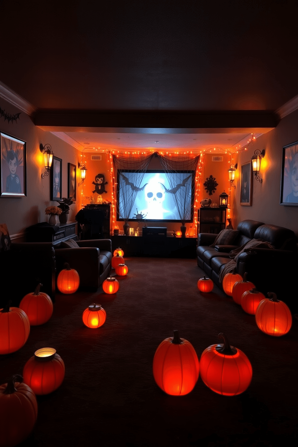 A cozy home theater decorated for Halloween features pumpkin lanterns lining the pathways, casting a warm glow throughout the space. The walls are adorned with spooky artwork and themed decorations, creating an inviting yet eerie atmosphere for movie nights.