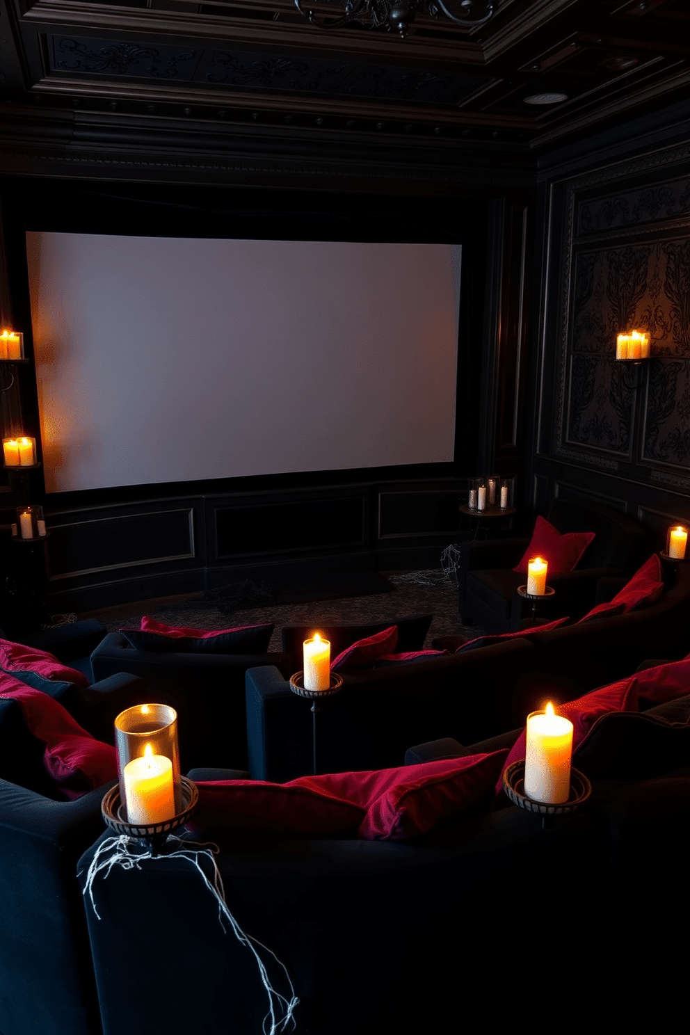 A gothic home theater setting features dark velvet seating arranged in a semi-circle around a large screen. Flickering candles in ornate holders cast a warm glow, creating a spooky yet inviting atmosphere. The walls are adorned with intricate moldings and dark wallpaper, enhancing the dramatic effect. Plush cushions in deep reds and blacks add comfort to the seating, while cobwebs and themed decor complete the Halloween aesthetic.