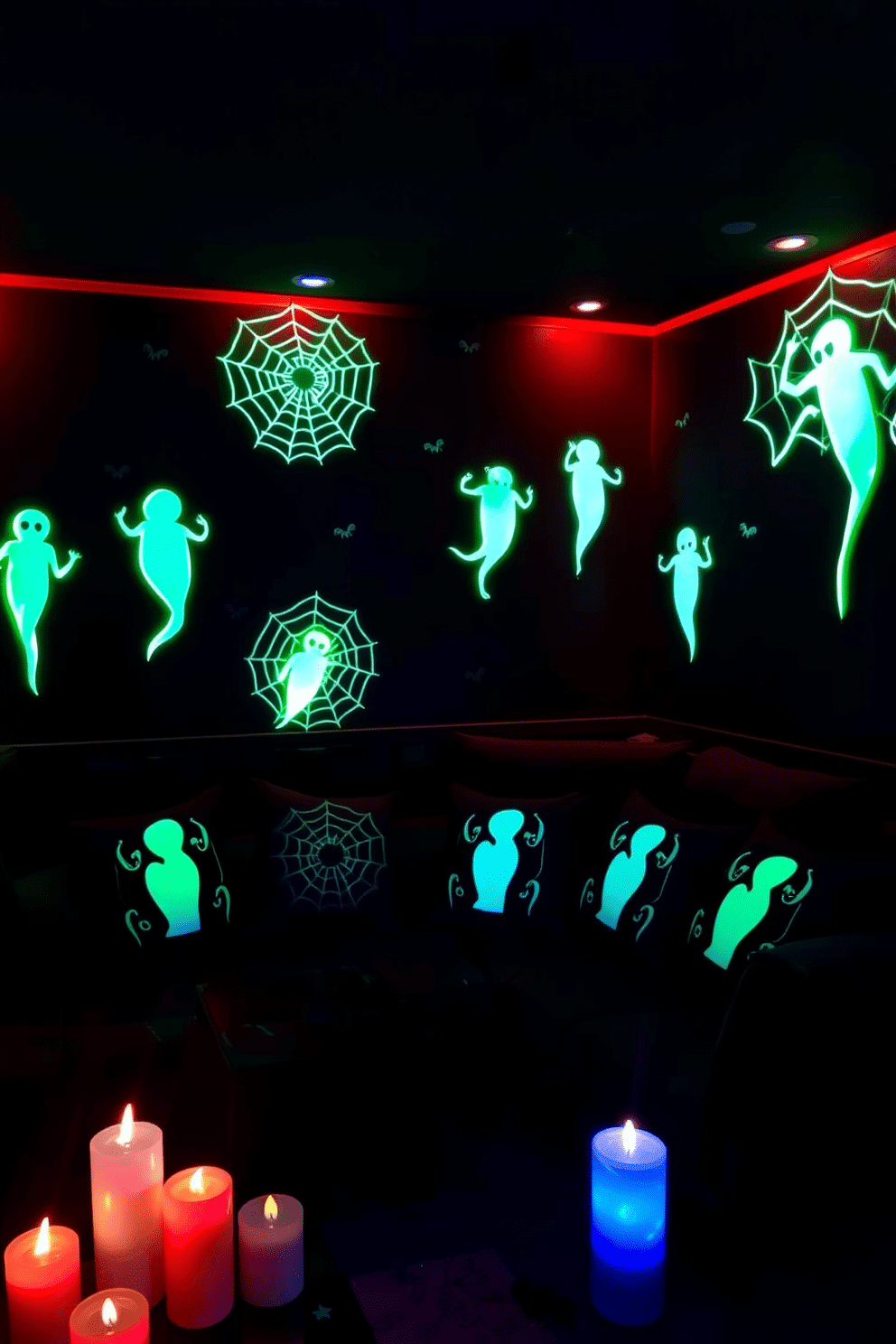 Eerie glow-in-the-dark decorations create a haunting atmosphere in the home theater. The walls are adorned with glowing spider webs and spectral silhouettes, while the seating area features cushions with phosphorescent designs. Dim lighting enhances the spooky ambiance, with strategically placed black lights illuminating the eerie decor. Flickering LED candles add to the unsettling vibe, casting shadows that dance across the room.