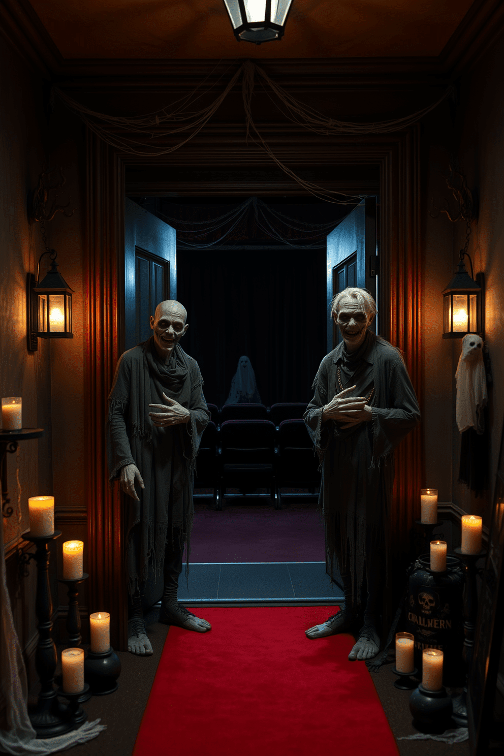 A spooky home theater entrance designed for Halloween. Two zombie ushers stand at the door, dressed in tattered costumes, welcoming guests with eerie smiles. The walls are adorned with cobwebs and dimly lit lanterns casting haunting shadows. A red carpet leads into the theater, lined with flickering candles and ghostly decorations.