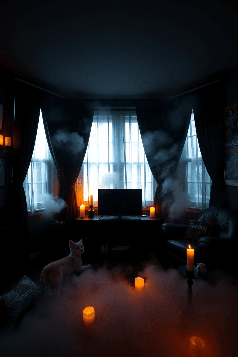 A spooky home theater setting designed for Halloween. The room is dimly lit with flickering LED candles placed strategically around the space. A fog machine fills the air with a thick mist, creating an eerie atmosphere. Dark velvet curtains frame the windows, and a collection of vintage horror movie posters adorns the walls.