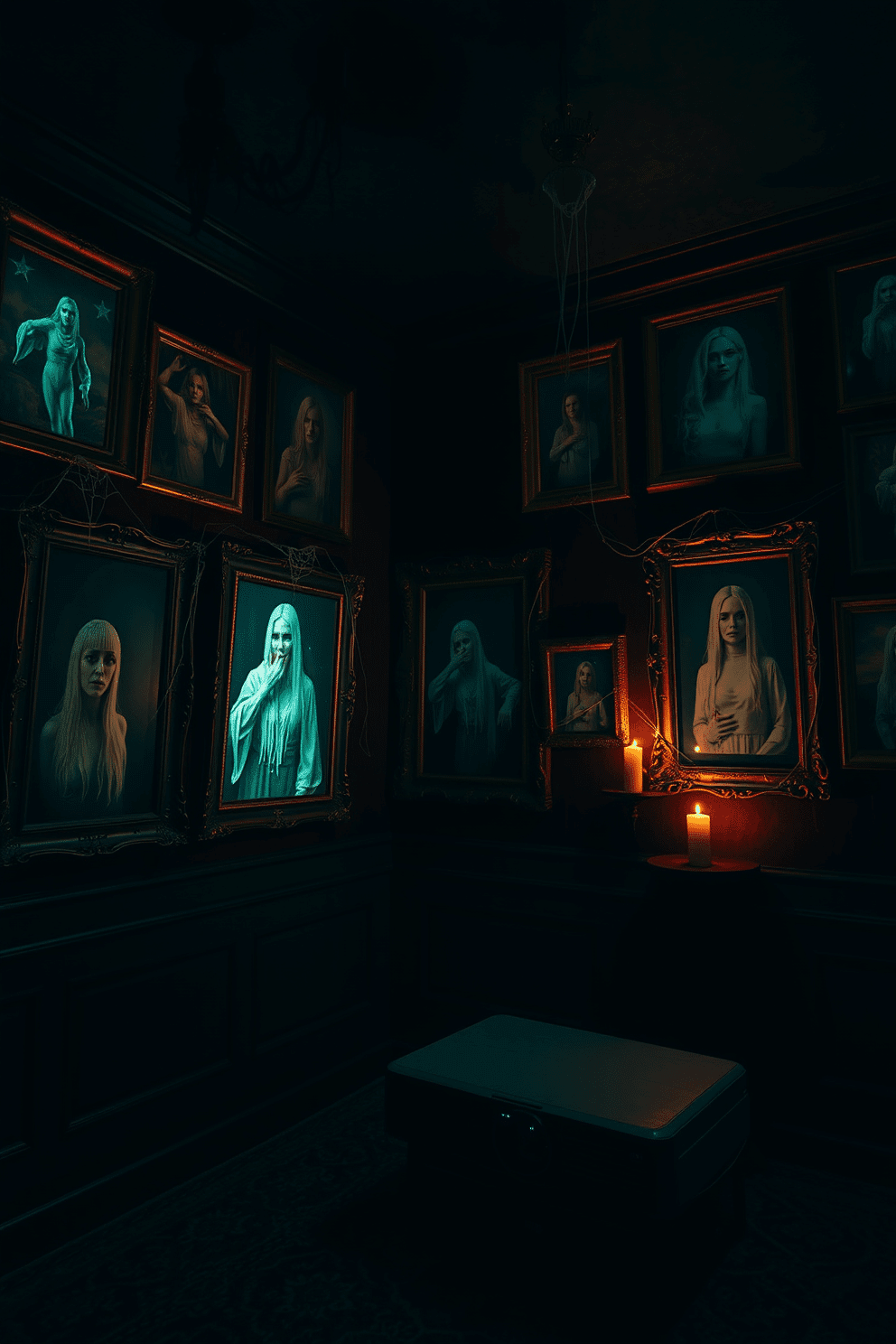 A haunted portrait gallery filled with eerie, vintage frames showcasing ghostly figures. Dim lighting casts shadows on the walls, enhancing the spooky atmosphere with flickering candles and cobwebs. The gallery features a velvet-lined wall with portraits that seem to follow you as you move. A projector displays ghostly images and sounds, creating an immersive Halloween home theater experience.