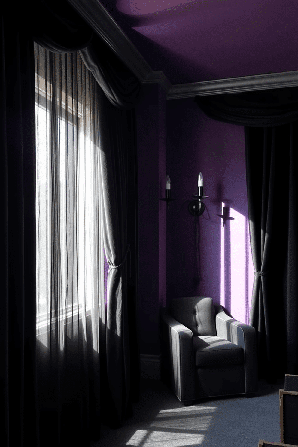 A home theater designed for Halloween with black velvet drapes creating a dramatic and sinister atmosphere. The walls are painted in deep shades of purple and black, with eerie lighting fixtures casting shadows throughout the room.