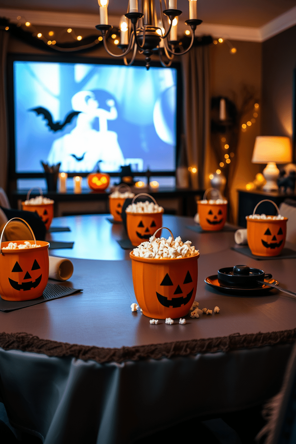 Create a cozy home theater setting decorated for Halloween. Place pumpkin-themed popcorn buckets on each table, surrounded by soft, dim lighting and festive decorations.